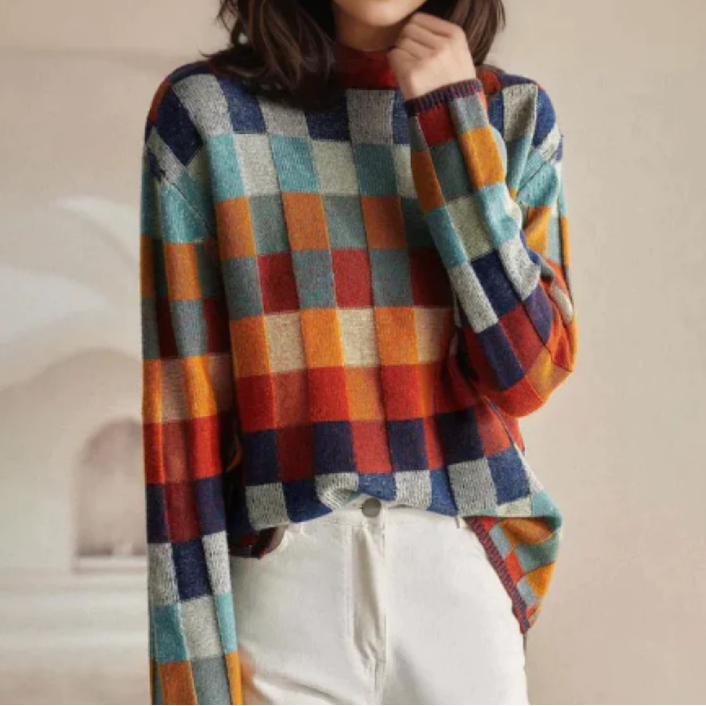 Kristina | Retro Check Colorblock Mock-Neck Sweater