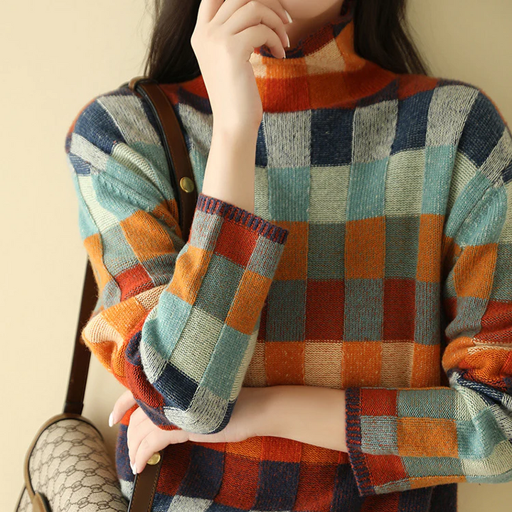 Kristina | Retro Check Colorblock Mock-Neck Sweater