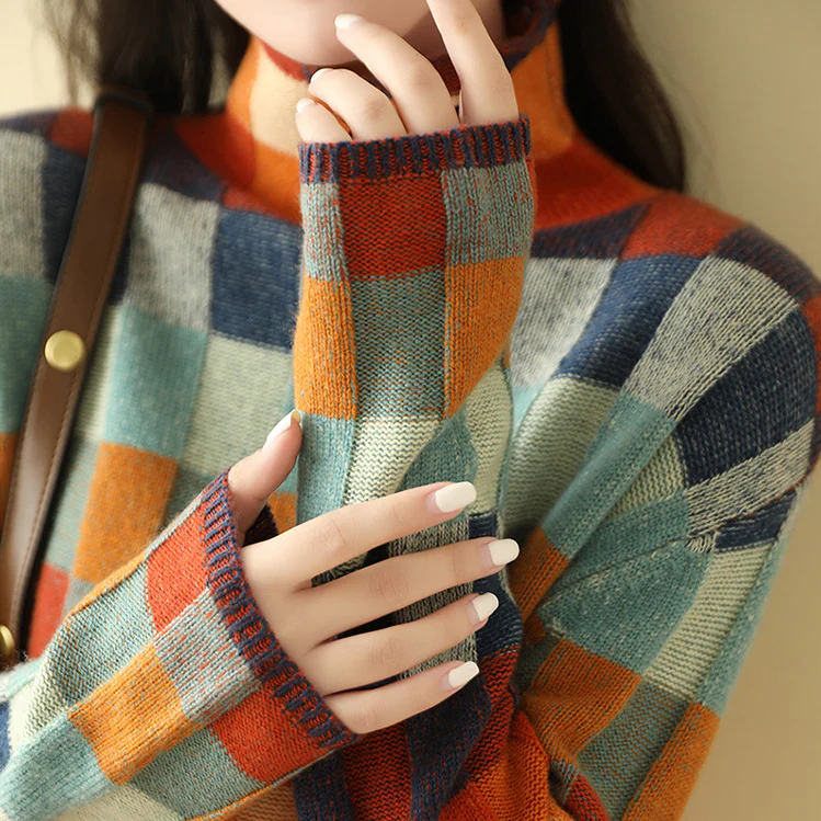 Kristina | Retro Check Colorblock Mock-Neck Sweater