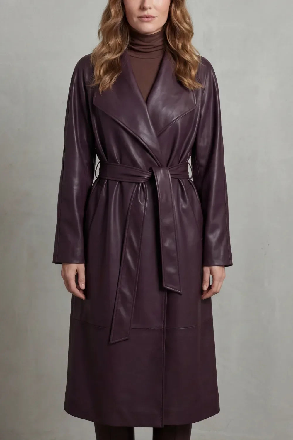 Violet | Belted Midi Faux-Leather Trench Coat