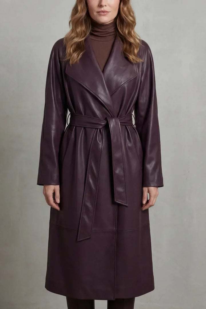 Violet | Belted Midi Faux-Leather Trench Coat