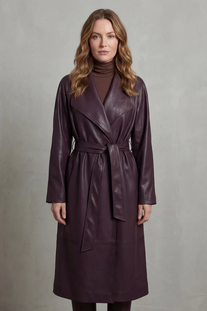 Violet | Belted Midi Faux-Leather Trench Coat