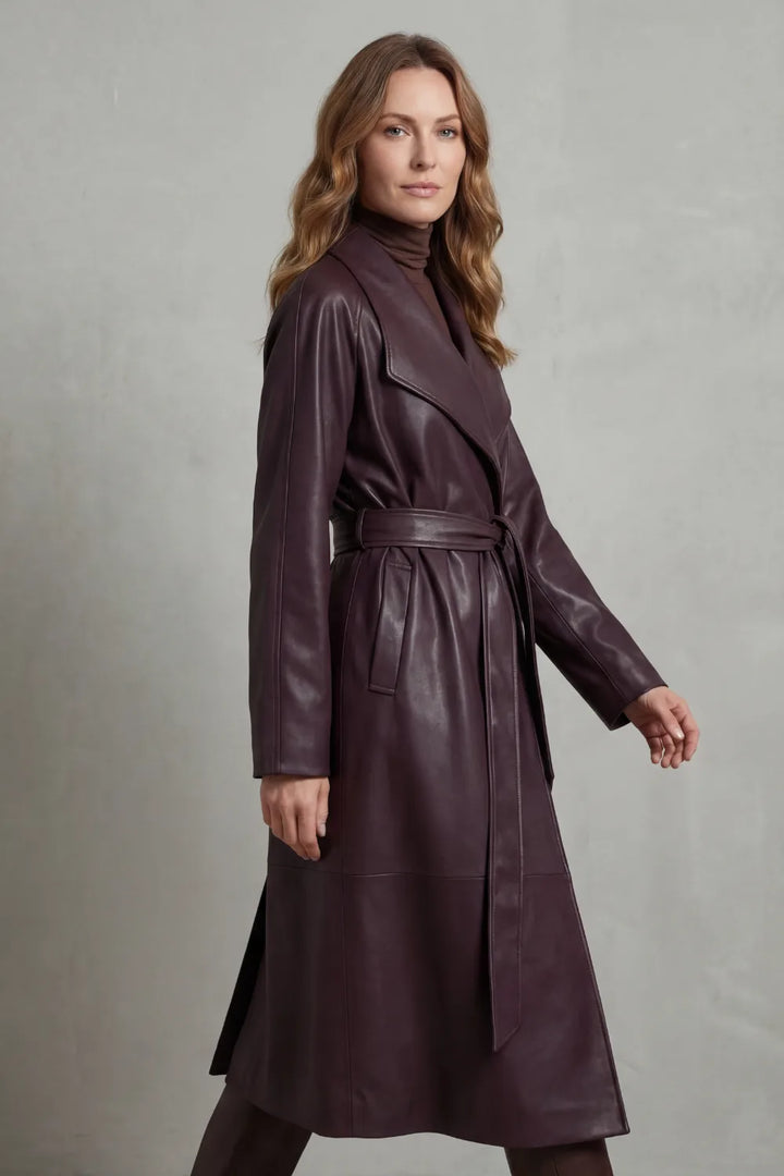 Violet | Belted Midi Faux-Leather Trench Coat