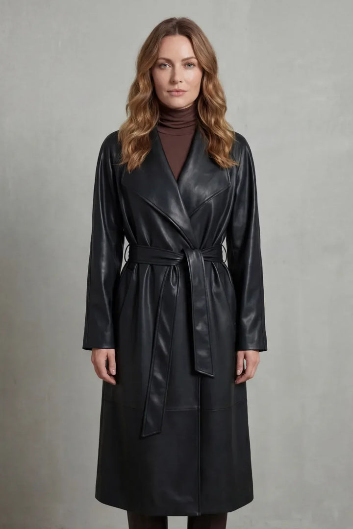 Violet | Belted Midi Faux-Leather Trench Coat