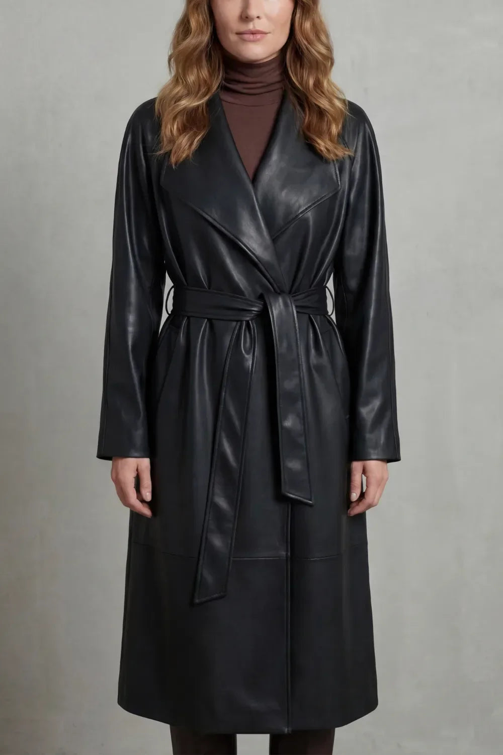Violet | Belted Midi Faux-Leather Trench Coat