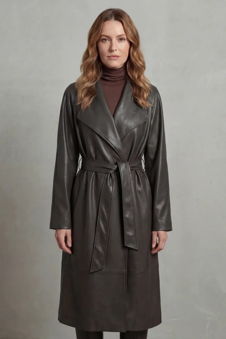 Violet | Belted Midi Faux-Leather Trench Coat