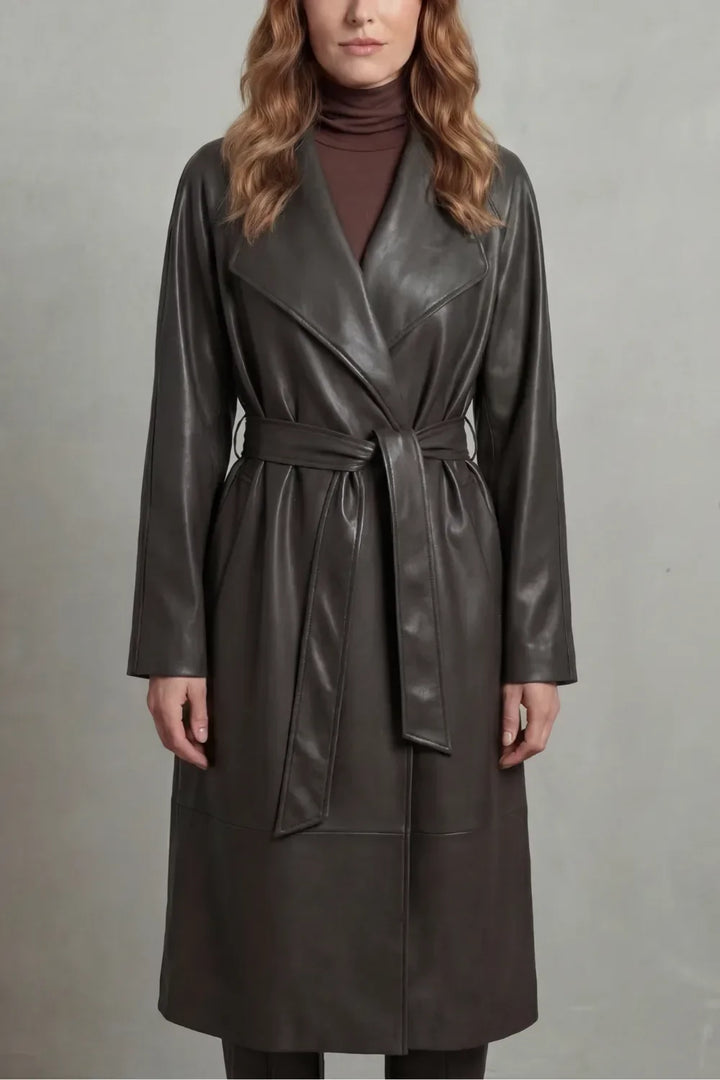 Violet | Belted Midi Faux-Leather Trench Coat