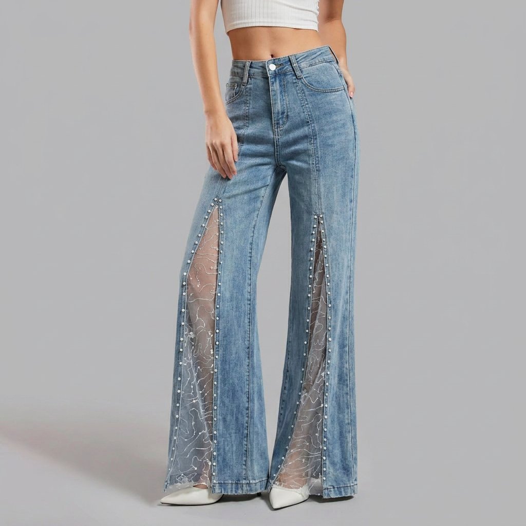 Sabrina | Pearl-Embellished Mesh-Panel Flared Jeans