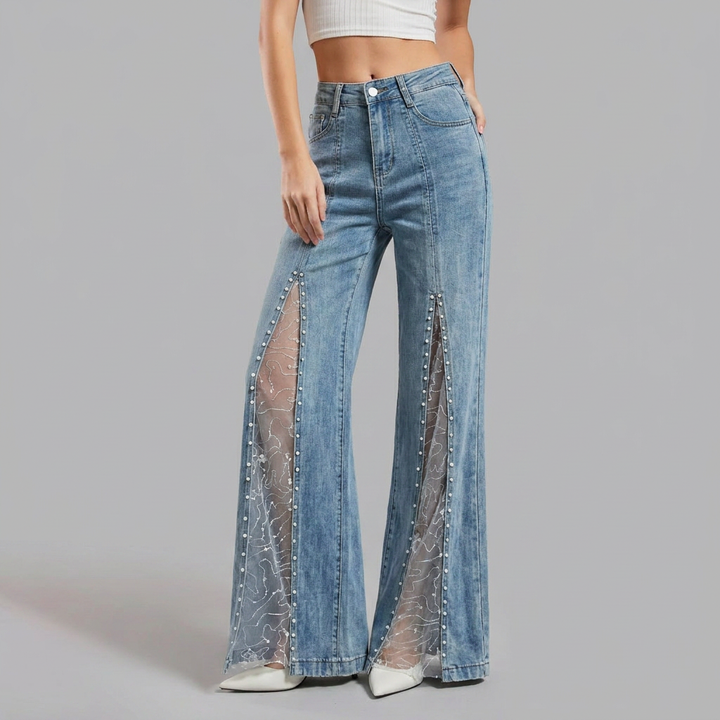Sabrina | Pearl-Embellished Mesh-Panel Flared Jeans