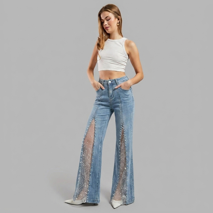 Sabrina | Pearl-Embellished Mesh-Panel Flared Jeans
