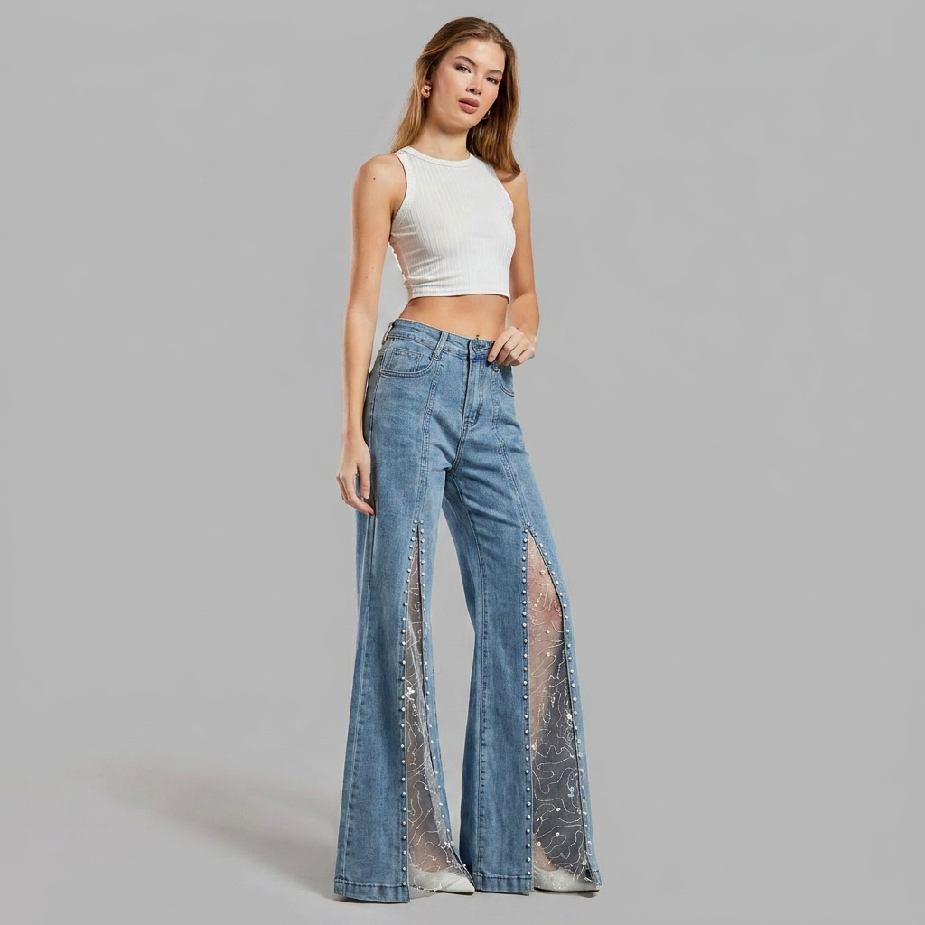Sabrina | Pearl-Embellished Mesh-Panel Flared Jeans