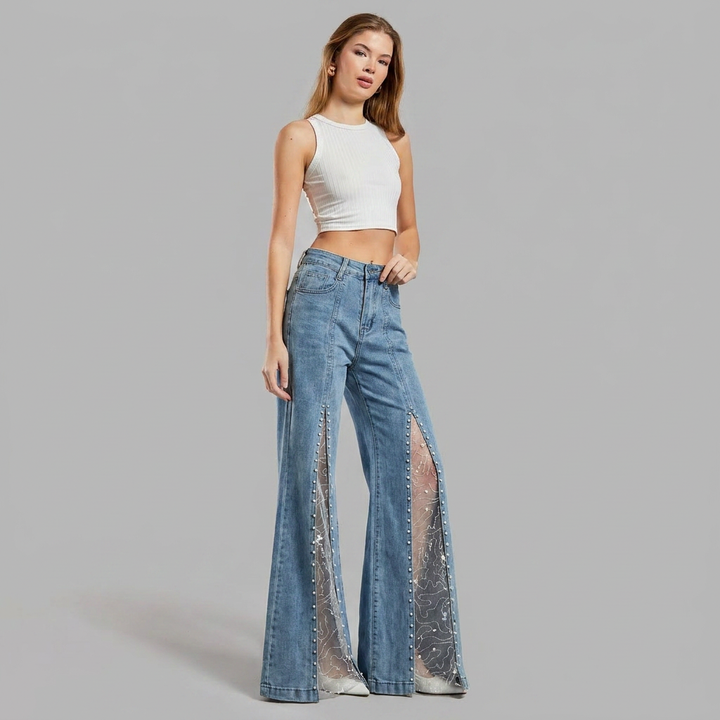 Sabrina | Pearl-Embellished Mesh-Panel Flared Jeans