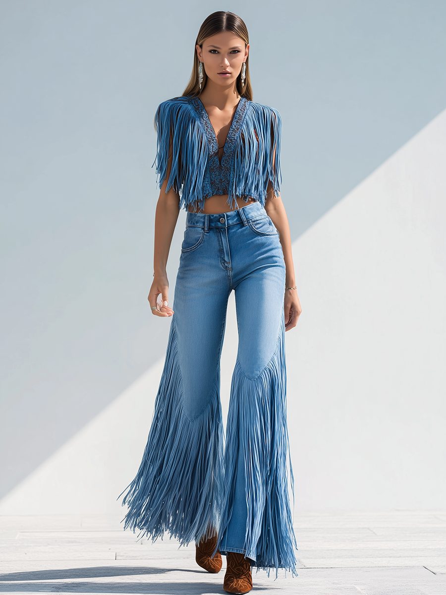 Josie | Fringe-Detail High-Rise Flared Jeans